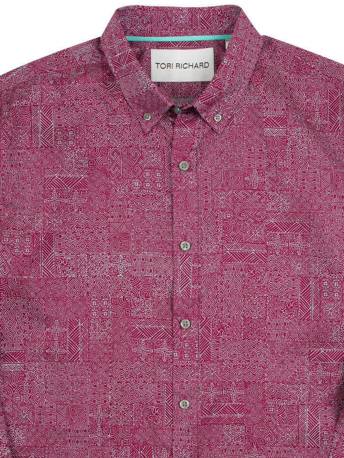 Magenta and white geometric-print Tori Richard shirt, long-sleeve cotton poplin, shown front and front angle.