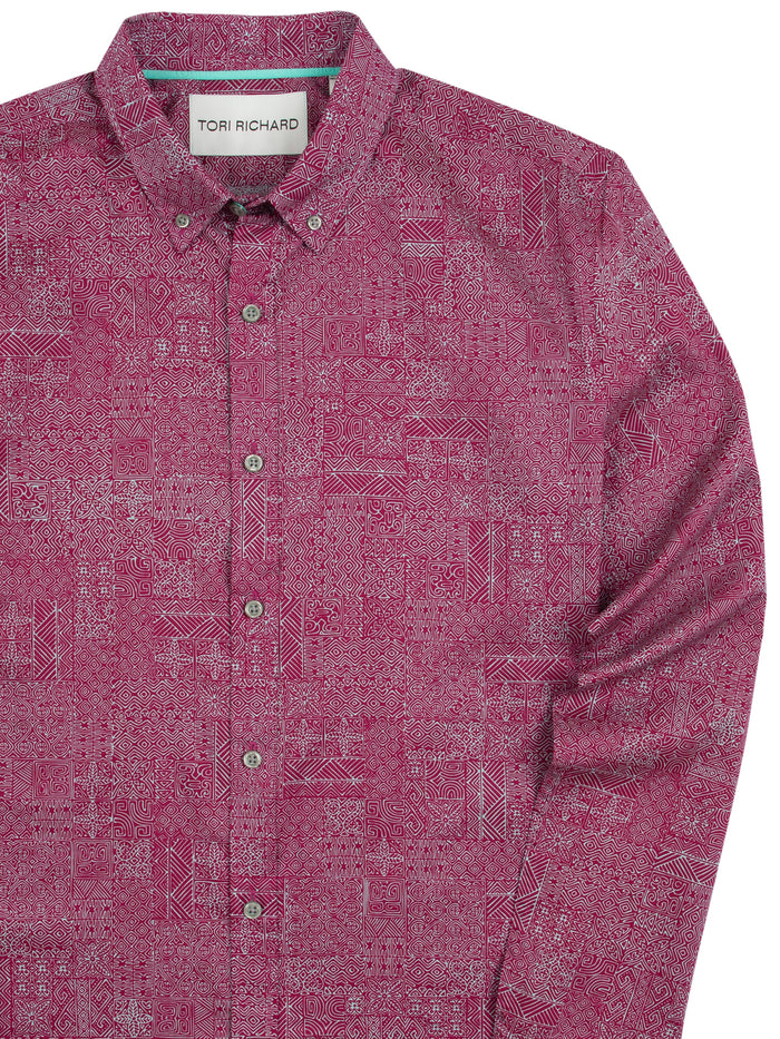 Blue and white floral geometric long-sleeve button-up shirt, front and back views.
