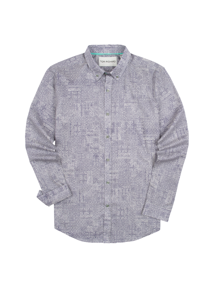 Light purple and white geometric-print long-sleeve shirt, flat lay front view (shown in Images 1 and 2).