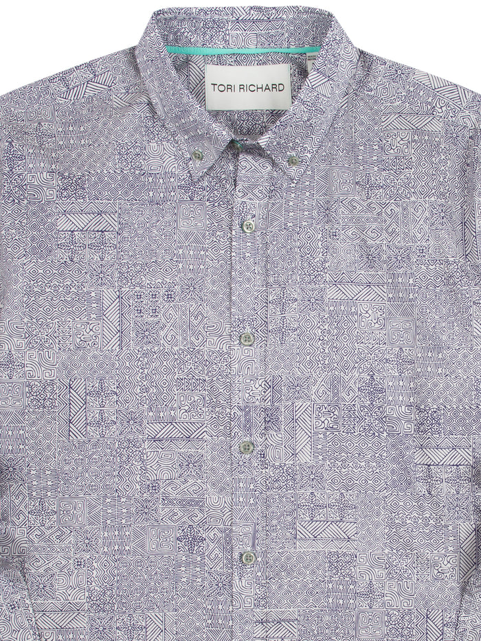 Gray floral geometric long-sleeve cotton shirt, collared, Tori Richard label, front view (Images 1 & 2).