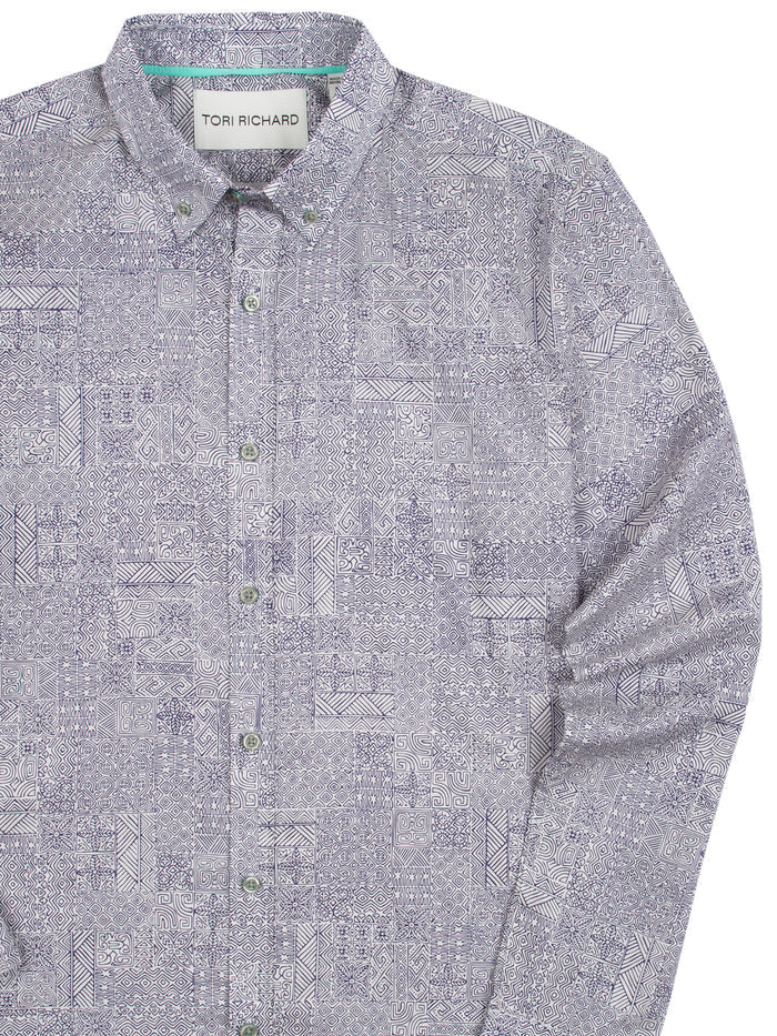 Light purple floral geometric long-sleeve collared shirt with visible inner Tori Richard label in both images.