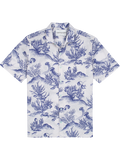 Front view of white and blue fish-print short-sleeve shirt.