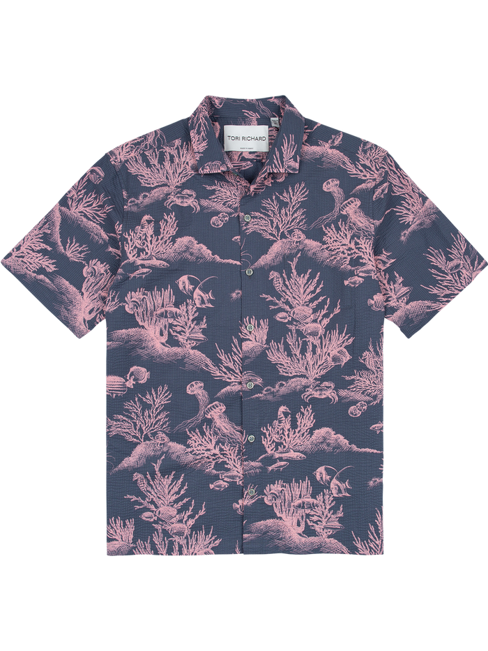 Navy coral sea life print short-sleeve shirt with button front and collar, front view shown.