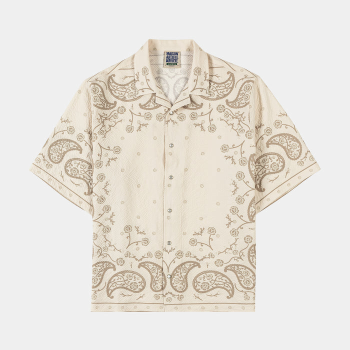 Paisley Seersucker Mens Short Sleeve Shirt (Beige)