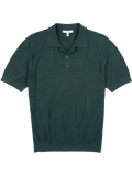Dark green leaf-jacquard cotton polo sweater, short sleeves, three-button collar, front view.