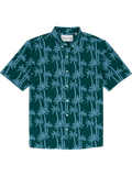 Green short-sleeve shirt with blue palm print and UPF sun protection, front view.