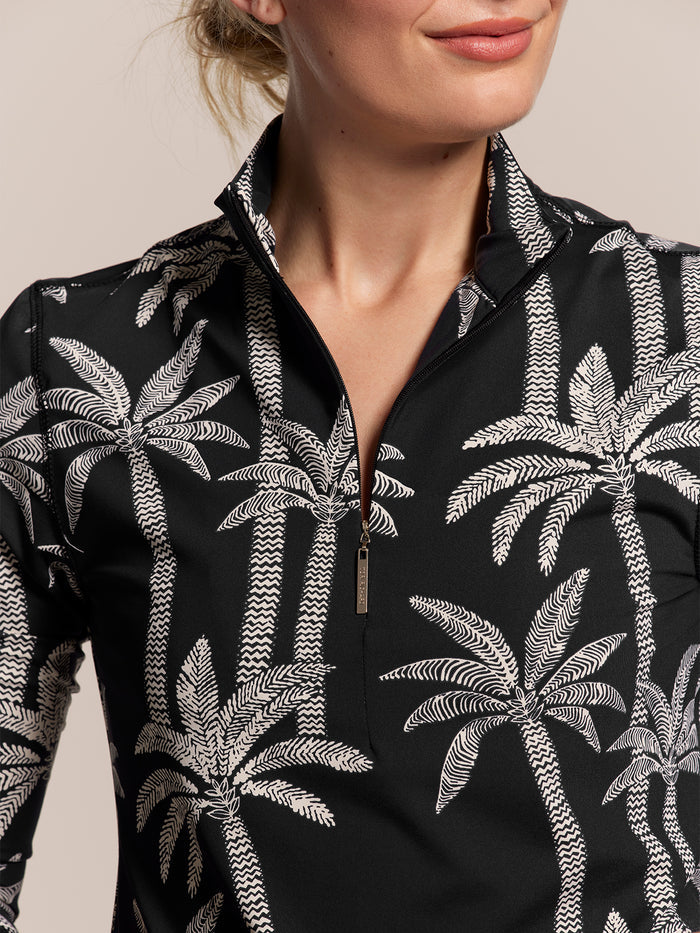Black and white palm-print Rue Top, shoulders to mid-torso view shown in both images.