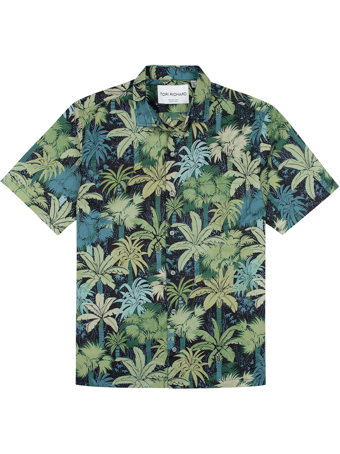 Green and blue palm-print short-sleeve shirt - flat lay on dark background, front view.