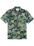 Green and blue palm-print short-sleeve shirt - flat lay on dark background, front view.
