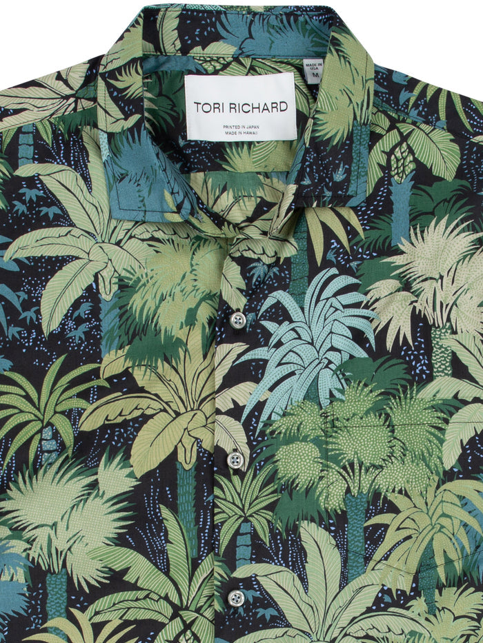 Green palm-print cotton button-up shirt, front view, made by Tori Richard in Hawaii.