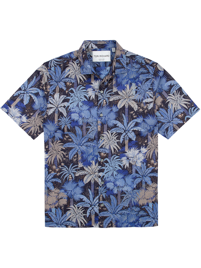 Blue, beige, and gray palm-print short-sleeve shirt, flat lay front view.