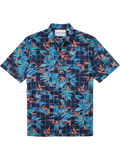 Blue and orange tropical leaf and grid print short-sleeve shirt, shown from front and side views.