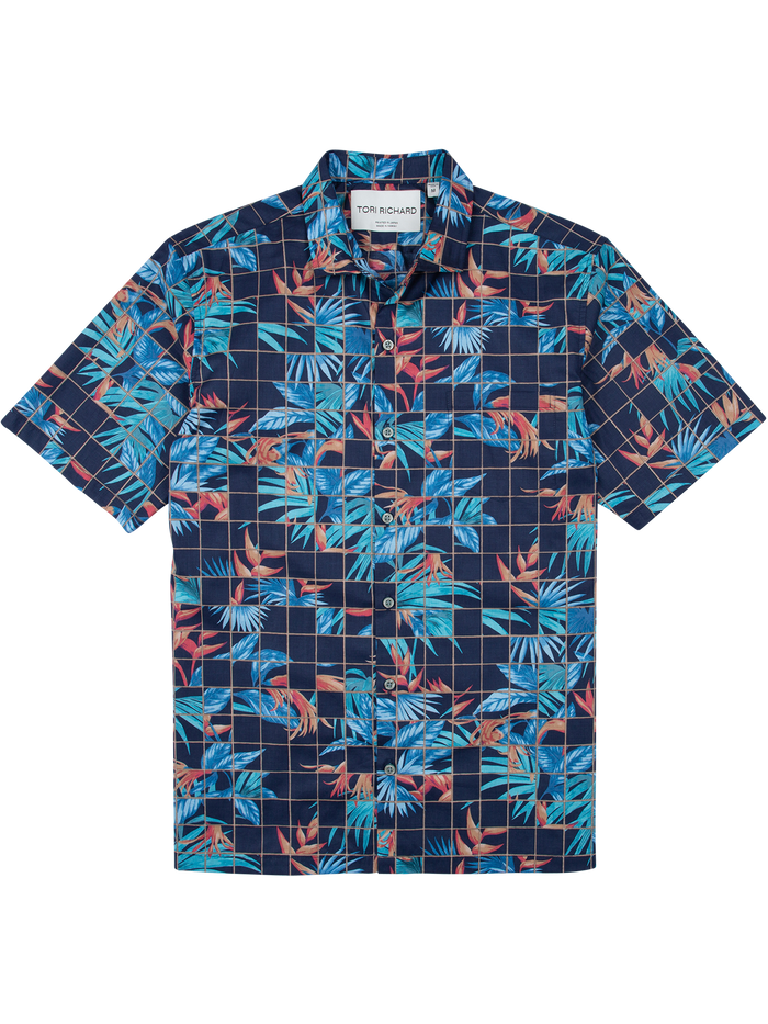 Blue and orange tropical leaf and grid print short-sleeve shirt, shown from front and side views.