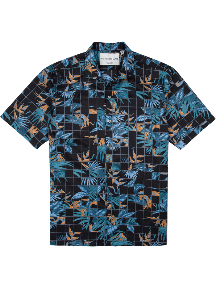Blue and orange tropical leaf-print shirt with black check, front and detail views. Cotton, short-sleeve.