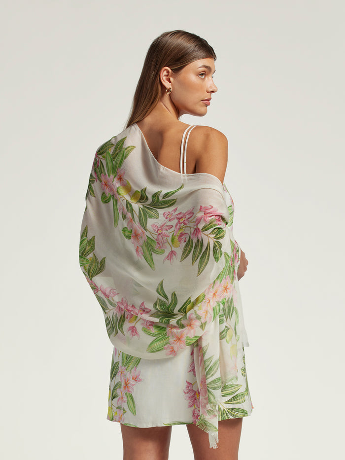 White scarf with pencil illustration print, styled over a white dress, side view (Image 1 & 2).