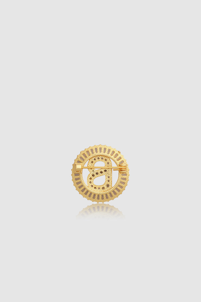 petite crystal round brooch in gold by buttonscarves back view