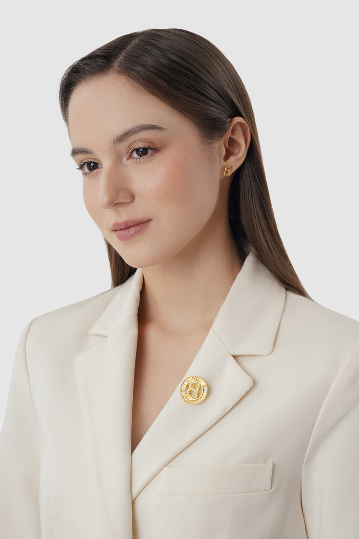 petite crystal round brooch in gold by buttonscarves on blazers style look