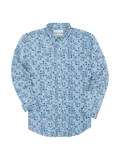 Blue and white geometric long-sleeve shirt, wrinkle-resistant fabric, front view.