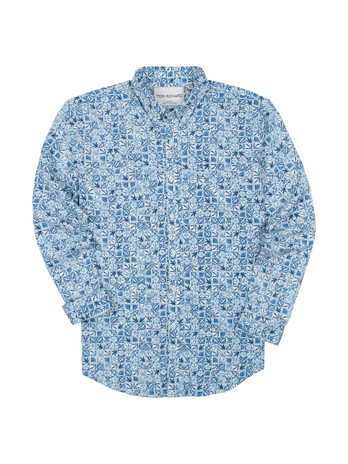 Blue and white geometric long-sleeve shirt, wrinkle-resistant fabric, front view.