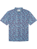 Blue, purple, and black geometric-print short-sleeve shirt, front view, moisture-wicking fabric.