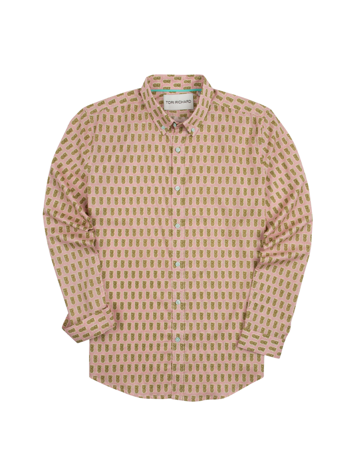 White long-sleeve shirt with subtle pineapple print, Hawaiian plantation-inspired, shown flat lay in both images.