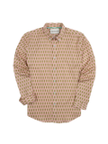 White long-sleeve shirt with subtle pineapple print, Hawaiian plantation-inspired, shown flat lay in both images.