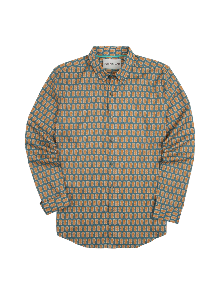 Orange and blue geometric-print long-sleeve shirt, flat lay on white background; poplin version on white surface.