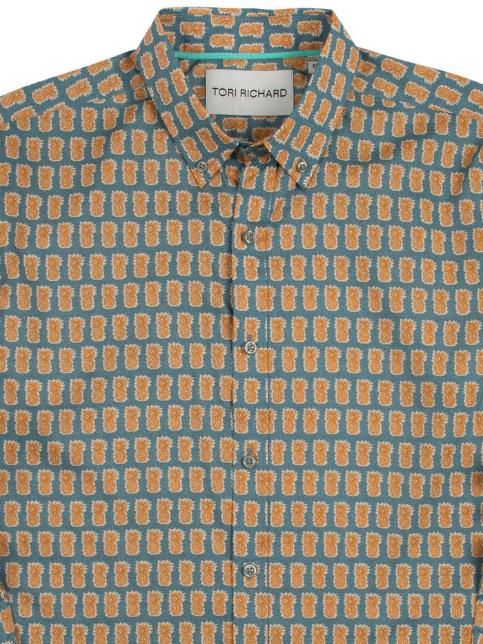 Orange and blue geometric pineapple-print long-sleeve shirt, front and side views.