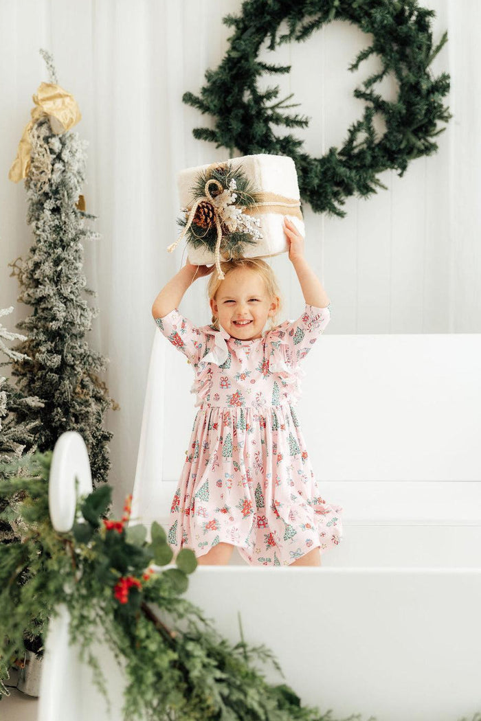 Pink Christmas 3/4 Sleeve Ruffle Twirl Dress-Mila & Rose ®