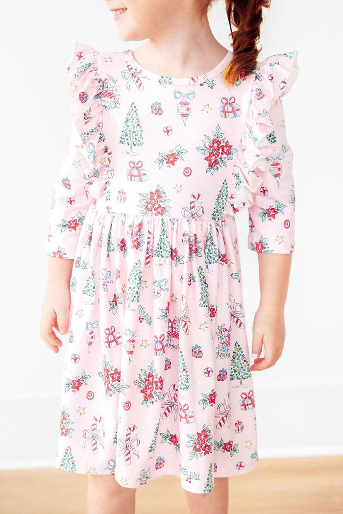 Pink Christmas 3/4 Sleeve Ruffle Twirl Dress-Mila & Rose ®
