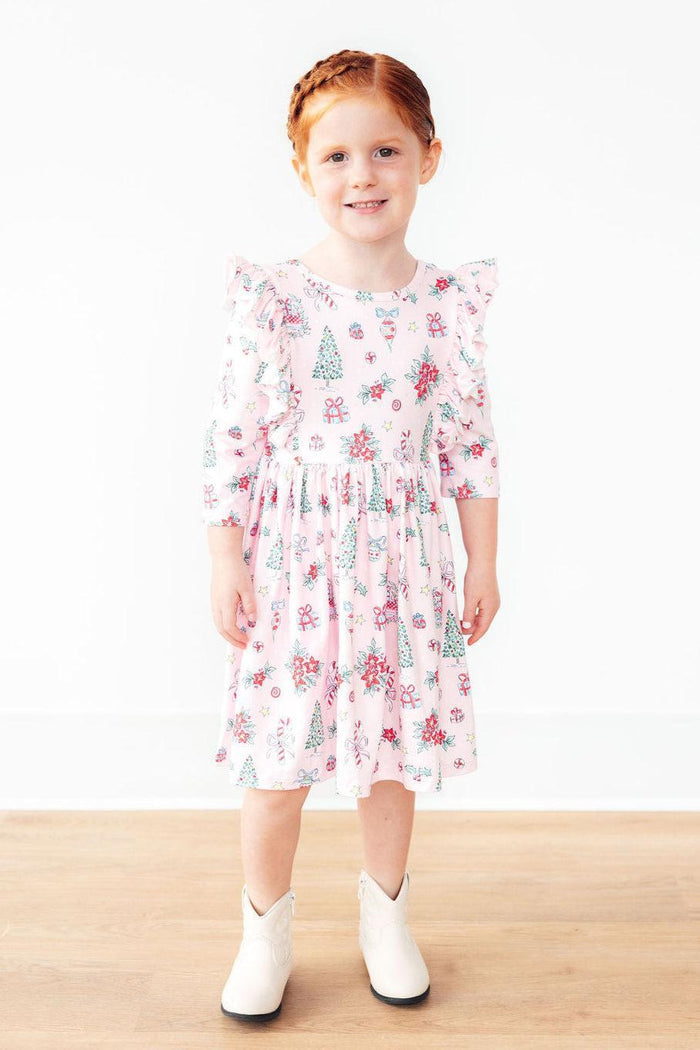 Pink Christmas 3/4 Sleeve Ruffle Twirl Dress-Mila & Rose ®
