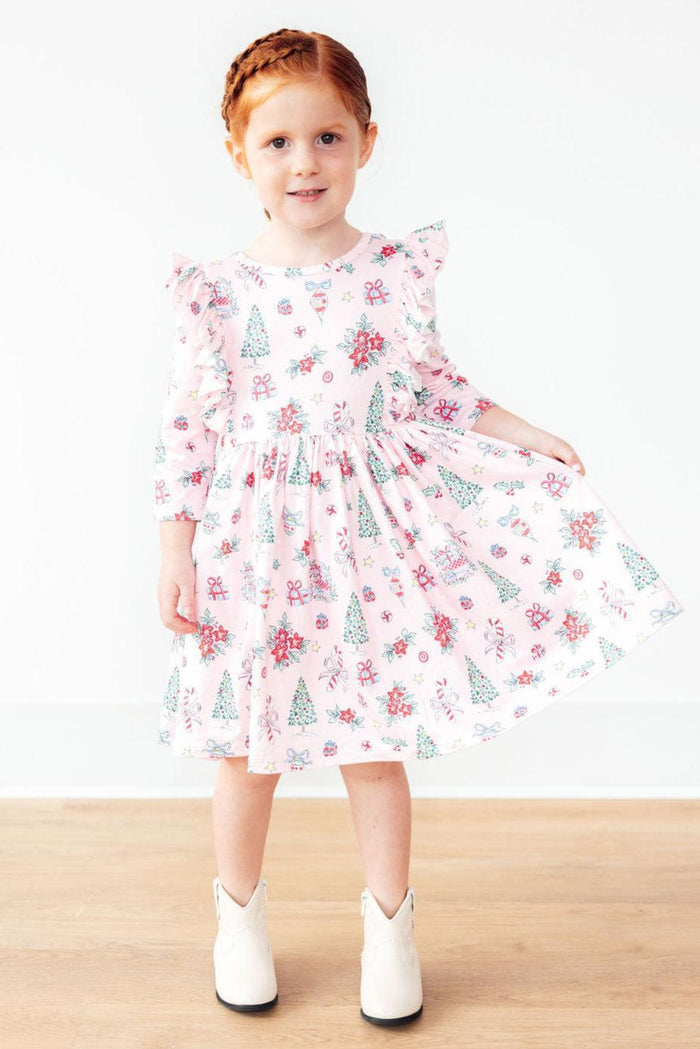 Pink Christmas 3/4 Sleeve Ruffle Twirl Dress-Mila & Rose ®
