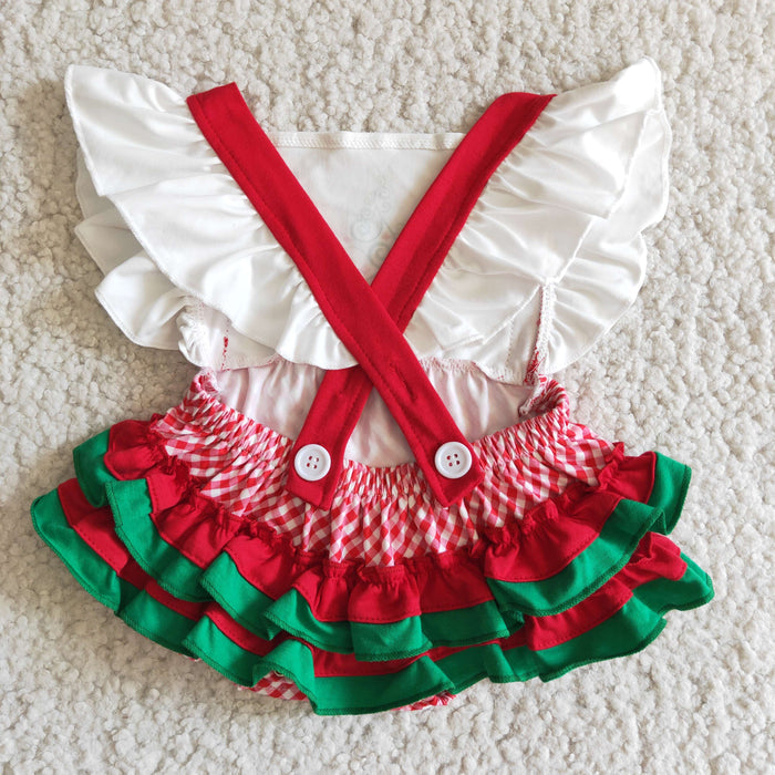 (Promotion) E3-28 Tree Print Baby Girls Christmas Ruffle Strap Bubble Romper