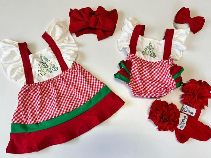 (Promotion) E3-28 Tree Print Baby Girls Christmas Ruffle Strap Bubble Romper