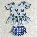 (Promotion) GBO0049 Chicken Flowers Tunic Top Plaid Shorts Baby Girls Summer Bummie Set