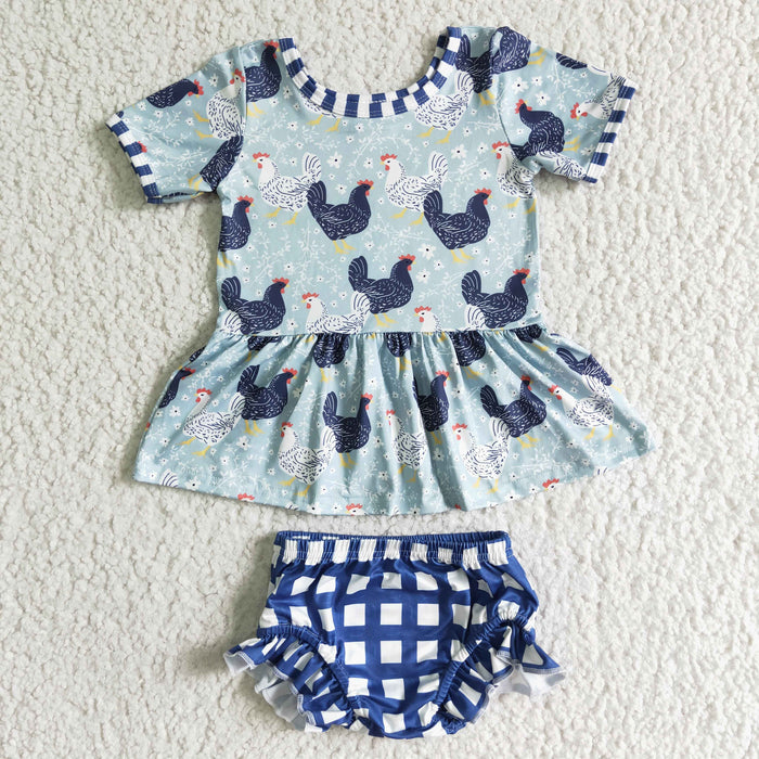 (Promotion) GBO0049 Chicken Flowers Tunic Top Plaid Shorts Baby Girls Summer Bummie Set