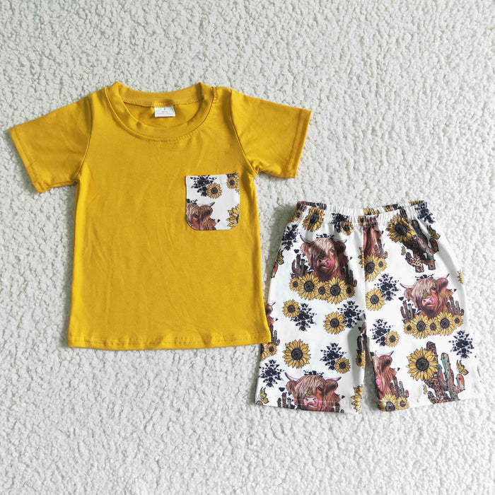 (Promotion) Yellow Pocket Top Highland Cow Sunflowers Shorts Kids summer outfits BSSO0069
