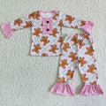 (Promotion)6 A1-27 Gingerbread Pink Checkered Print Girls Christmas Pajamas Clothes Set