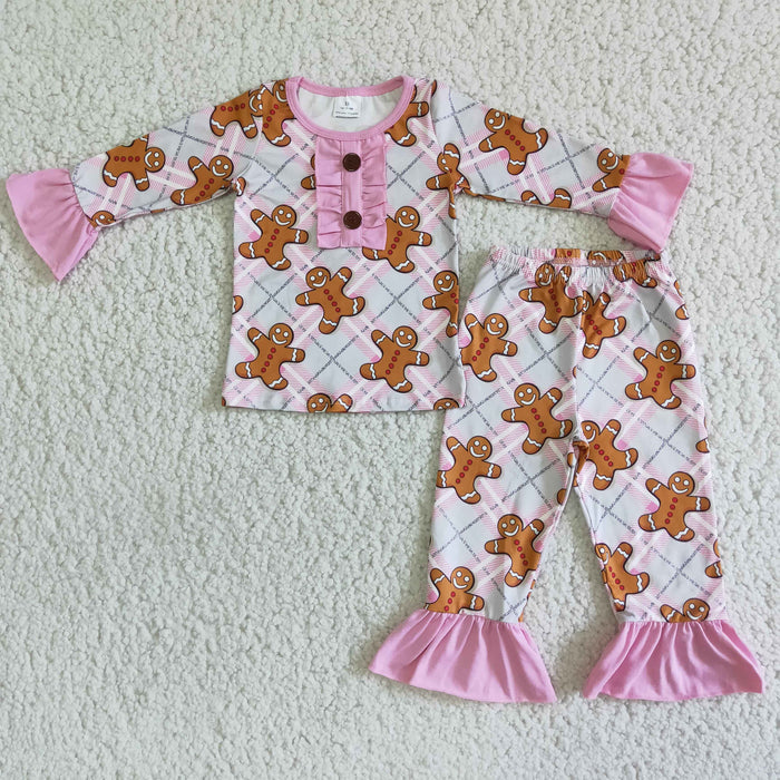 (Promotion)6 A1-27 Gingerbread Pink Checkered Print Girls Christmas Pajamas Clothes Set