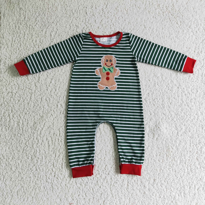 (Promotion)6 A27-2 Gingerbread Embroidery Stripes Baby Boys Christmas Romper