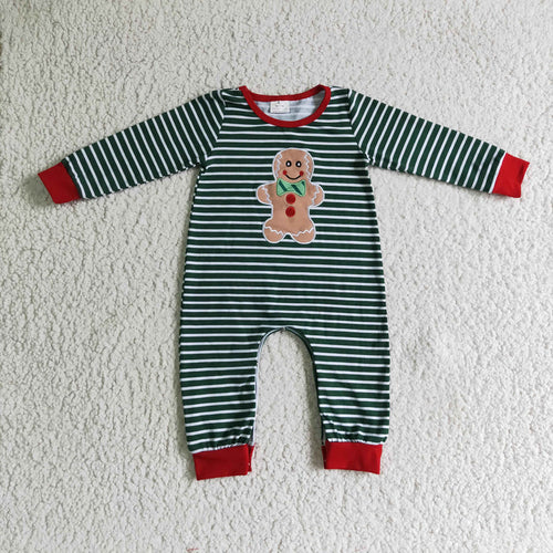 (Promotion)6 A27-2 Gingerbread Embroidery Stripes Baby Boys Christmas Romper