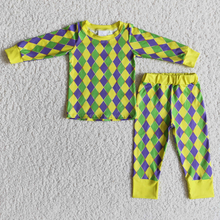 (Promotion)6 A27-30 Purple Green Gold Harlequin Print Boys Mardi Gras Pajamas Clothes Set