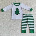 (Promotion)6 A28-15 Tree Embroidery White Top Stripes Pants Boys Christmas Clothes Set