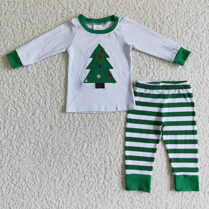 (Promotion)6 A28-15 Tree Embroidery White Top Stripes Pants Boys Christmas Clothes Set
