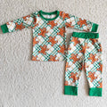 (Promotion)6 A3-26 Gingerbread Green Checkered Print Boys Christmas Pajamas Clothes Set