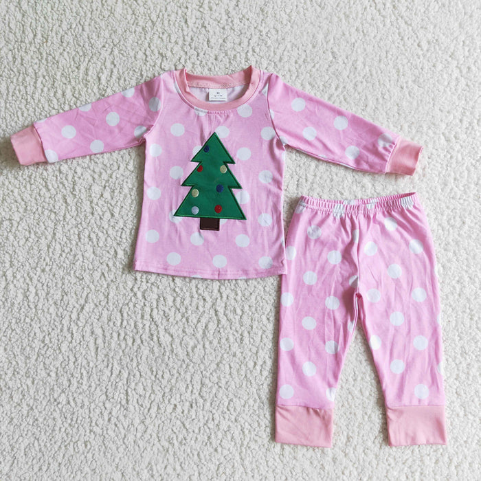 (Promotion)6 B12-37 Tree Embroidery Pink Dots Print Girls Christmas Pajamas Clothes Set