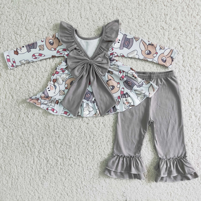 (Promotion)6 B5-20 Deer Snowman Backless Bow Tunic Top Grey Pants Girls Christmas Clothes Set