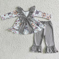 (Promotion)6 B5-20 Deer Snowman Backless Bow Tunic Top Grey Pants Girls Christmas Clothes Set