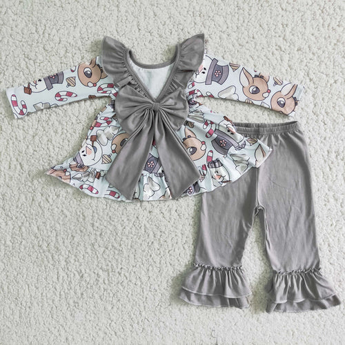 (Promotion)6 B5-20 Deer Snowman Backless Bow Tunic Top Grey Pants Girls Christmas Clothes Set