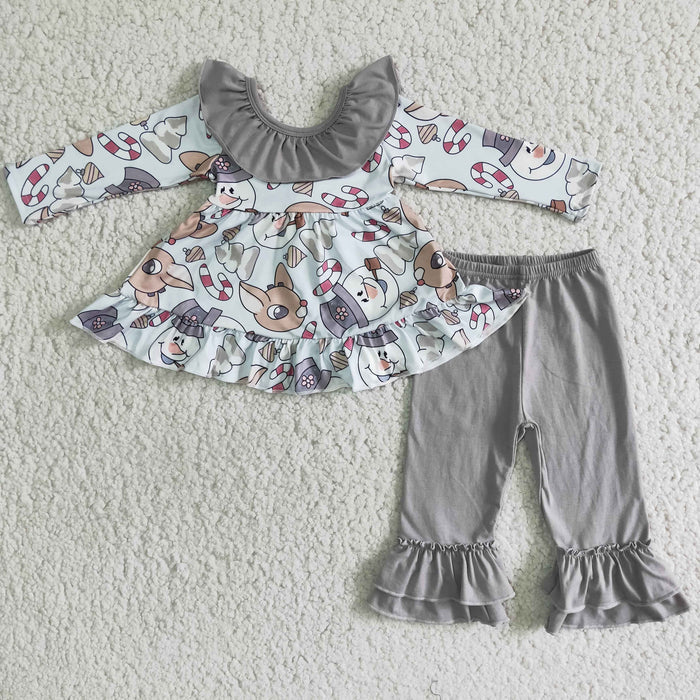 (Promotion)6 B5-20 Deer Snowman Backless Bow Tunic Top Grey Pants Girls Christmas Clothes Set